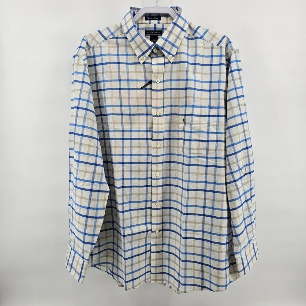 NWT Men's Saddlebred Ivory Beige Blue Plaid Button Down Shirt Size XL